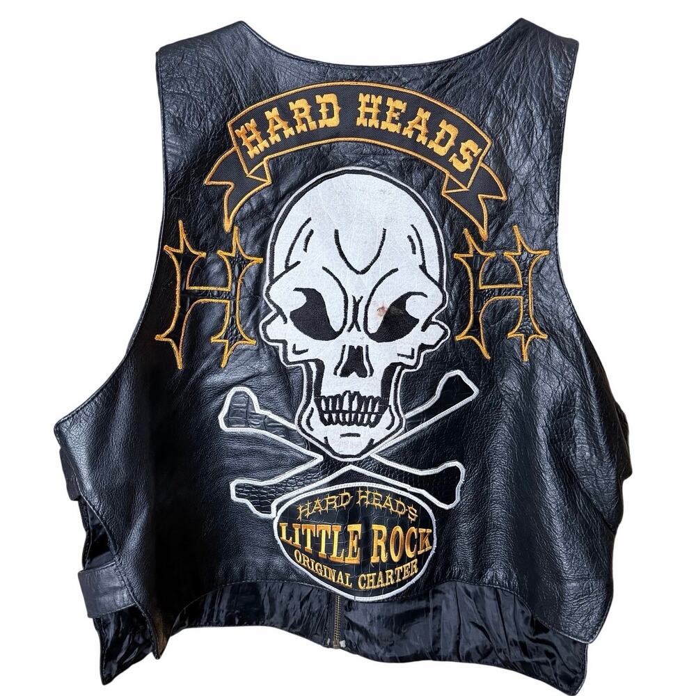 IK leathers black hook and loop adjustable leather biker vest large patches